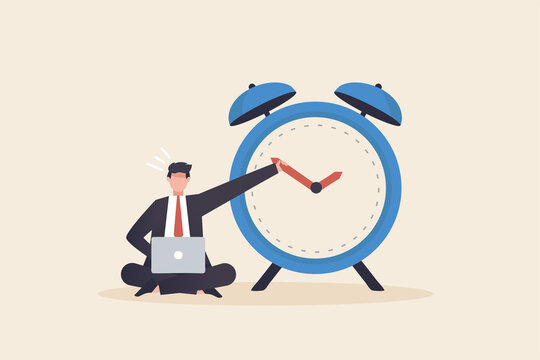 Delay concept, Stop time to dealing with urgent projects or handle errors. ..Time on clock stop...Businessman holding the minute hand to push turn back time.