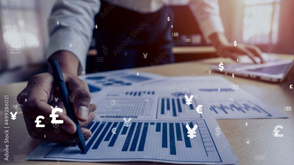 Poster conceptual business dashboard for financial data analysis . 3d render computer graphic .