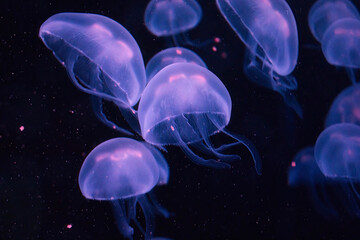 A swarm of purple box jellyfish glowing in the dark water