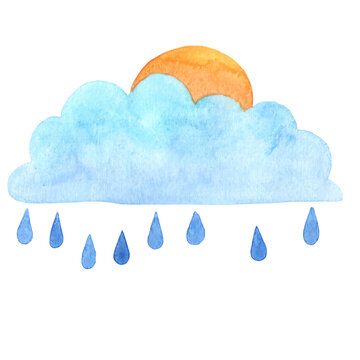 Sun with colud in rainy day weather forecast sign watercolor illustration.
