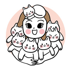 Cartoon cute woman hug kitten with love vector.
