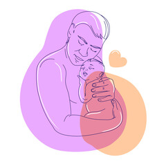 Young happy dad holding baby line art vector illustration.Father and little newborn son or daughter. Happy Father's Day.Parenthood concept. Health care
