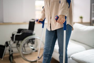 Hurt Leg Using Crutches Near Wheelchair