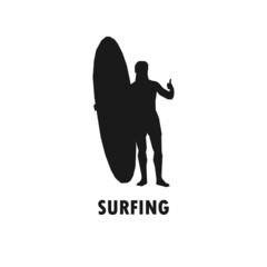Surfer holding surfboard and giving thumbs up simple black vector silhouette illustration.