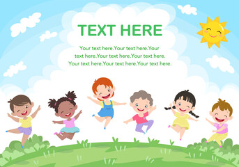 Smiling children jump on a green. Vector illustration for kids with text space.