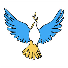 Dove vector illustration in one line style. The bird symbolizes peace and hope. Dove in the colors of the flag of Ukraine. A dove with an olive branch and open wings as a symbol of freedom. No war.