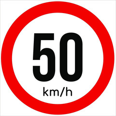 Maximum speed limit illustration 50 km per hour. Traffic sign icon isolated on a white background