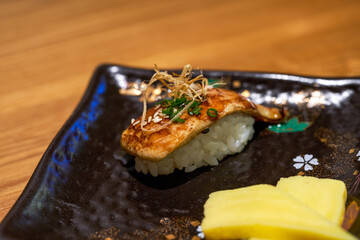 A fragrant and delicious Japanese dish, pan-fried foie gras sushi