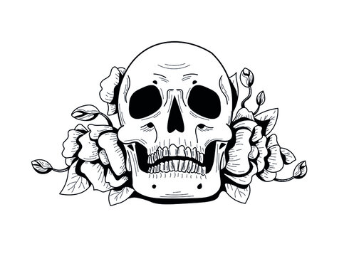 Hand drawn black and white skull with poppy flowers. Gothic mood. Flat, cartoon, comics style with black solid outline.