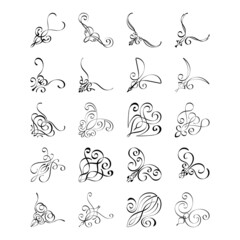 Set of 20 hand drawn frame corners. Various design elements for greeting cards, wedding invitations. Vector illustration on white background.