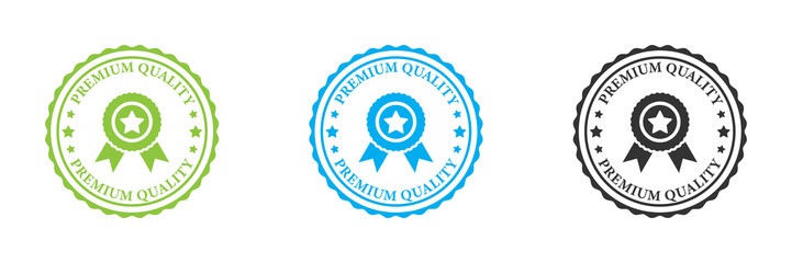 Premium quality icon set. Medal badge with star and ribbons. Premium product stamps of best quality logo. Vector illustration.