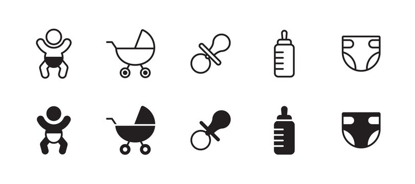 Baby symbol set. Baby's attributes collection. Stroller, pacifier, feeding bottle, diaper. Vector.