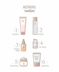 Hand-drawn vector illustration. Line art, icon design. Infographics, skin care scheme, daily routine. Cosmetic packaging, care products. Cleanser, essence, serum with vitamin C, eye cream, sunscreen.