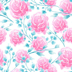 Watercolor Hand-Drawn Seamless Pattern of Loose Peony Flowers with Curvy Leaves on White Background. Nature Inspired Wet-on-Wet Illustration for Wallpaper, Fabric, Postcard or Wrapping Paper