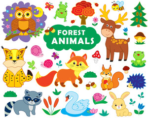 A big collection of funny forest animals, insects, birds. vector illustration