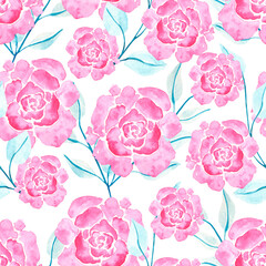 Hand-Drawn Seamless Pattern of Loose Rose Flowers with Leaves on White Background. Vintage Inspired Wet-on-Wet Romantic Illustration for Wallpaper, Fabric, Postcard or Wrapping Paper