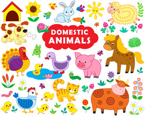 large collection of funny farm animals. vector illustration