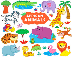 a large collection of funny African animals. jungle. vector illustration