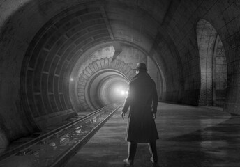 Black and white 3d illustration of a man wearing hat and coat standing on a station platform