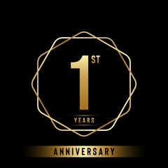 1 Year Anniversary logotype. Anniversary celebration template design with golden ring for booklet, leaflet, magazine, brochure poster, banner, web, invitation or greeting card. Vector illustrations