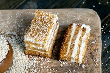 creamy cream and caramel cakes sprinkled with sesame