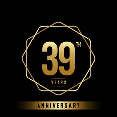 39 Years Anniversary logotype. Anniversary celebration template design with golden ring for booklet, leaflet, magazine, brochure poster, banner, web, invitation or greeting card. Vector illustrations
