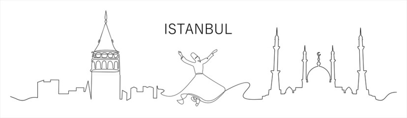One line style Galata Tower,sufi dancer and masjid or mosque. Simple modern minimalistic style vector.