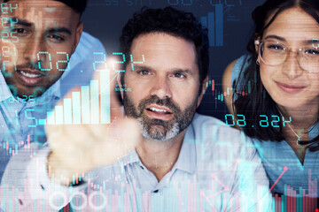 What will we unlock today. Shot of a group of businesspeople connecting to a user interface in an office at night.