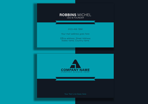Horizontal dark blue and sky blue white shapes business card design template