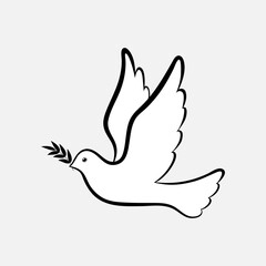 Flying dove logo drawing. Black and white vector illustration.