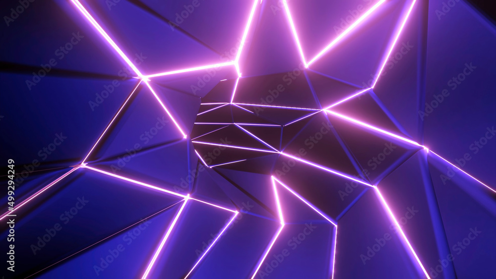 Poster curved tunnel with geometric walls. design. cybernetic spatial fracture with moving geometric elemen