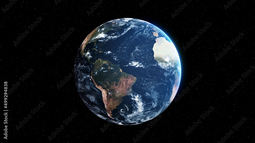 Poster planet earth with realistic geography surface and orbital 3d cloud atmosphere . outer space view of 