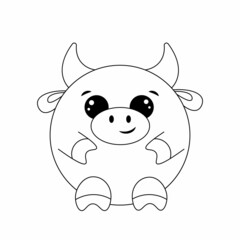Cute cartoon round Bull. Draw illustration in black and white
