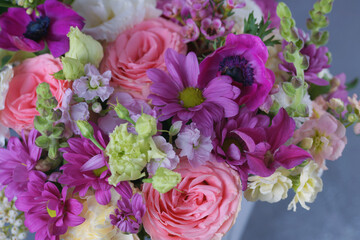 Decorative bouquet of many different small and large flowers