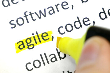 Word agile undelnines among other words printed on white paper. projects methodology and development team workflow concept