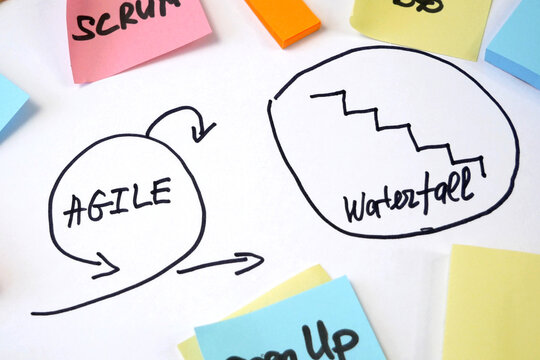 waterfall vs agile paper task on blue background, software development methodologies concept