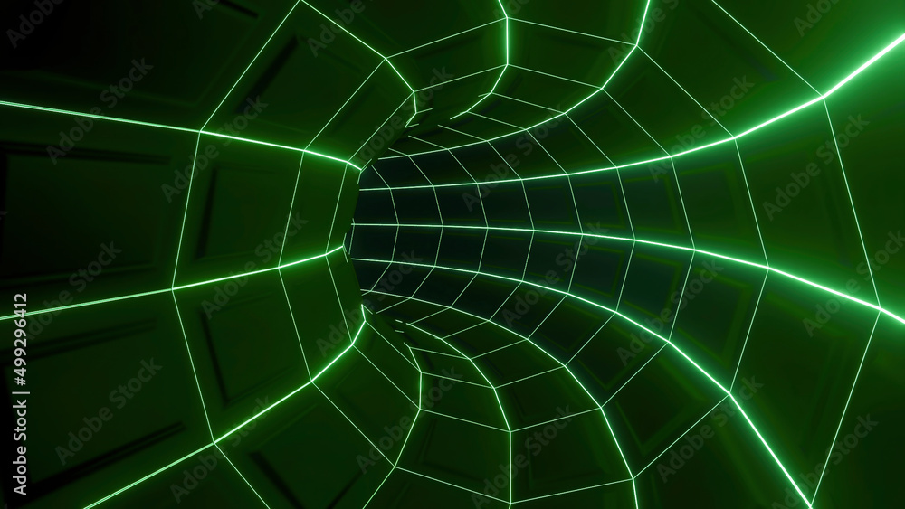 Poster curved virtual tunnel with green neon lines. design. dive into matrix world through curved tunnel. c
