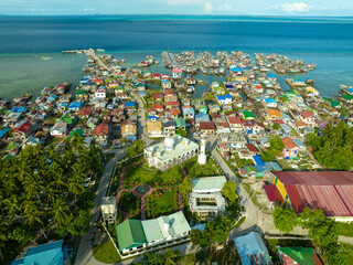 Tawi-Tawi Zamboanga Phlippines old Mosque and Bajao village aerial shot