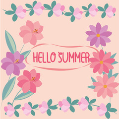 Summer card with flowers on a peach color background. Flat design. Includes 2 variant flowers in different shades of pink, 