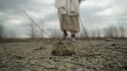 - Jesus Christ, bible, biblical, stone, temptation, wilderness, Satan, sin, gospel, persecuted, persecution, sandals, feet, christian, christianity
- Exterior
- Slow motion
- Tripod