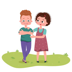  Little girl consoling her crying friend. Vector illustration cartoon