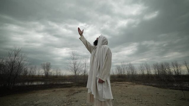 - Jesus Christ, prophet, prayer, pray, man, religious, God, heaven, biblical
- Exterior
- Slow Motion
- Handheld