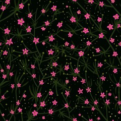Seamless pattern of pink creeping flowers on a dark background. Design for dress, fabric, wallpaper. Cute pattern in small flower