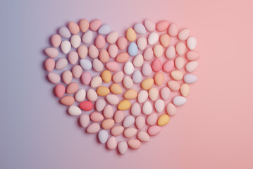 3D rendering of pastel Easter eggs in shape of heart