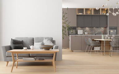 Wall mockup poster art in living room interior with  flower grey couch and wooden table 