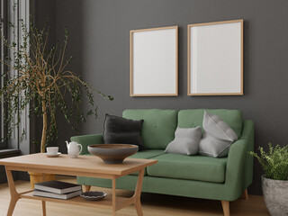 Wall mockup poster art in living room interior with  flower green couch and wooden table 