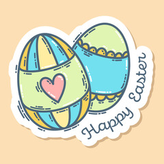 Two coloring eggs and lettering Happy Easter, hand-drawn doodle sticker. Cute colorful symbol and element