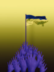 many hands in one pile hold the flag of Ukraine