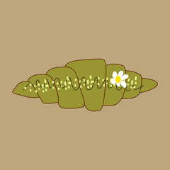Croissant green tea  with almond on brown background.
Tasty croissant. icon 