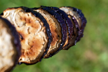 barbecue with cooking fresh eggplant on the fire